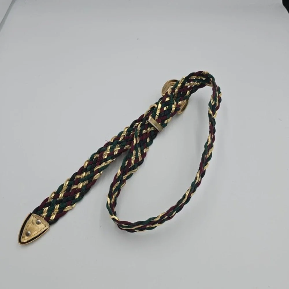 Womens Braided Belt Gold‎ Accent Green Burgundy Waist Belt Fashion Accessory